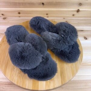 Lemon Slippers Womens L/XL Charcoal Gray Furry Fuzzy Flip Flop House Slippers